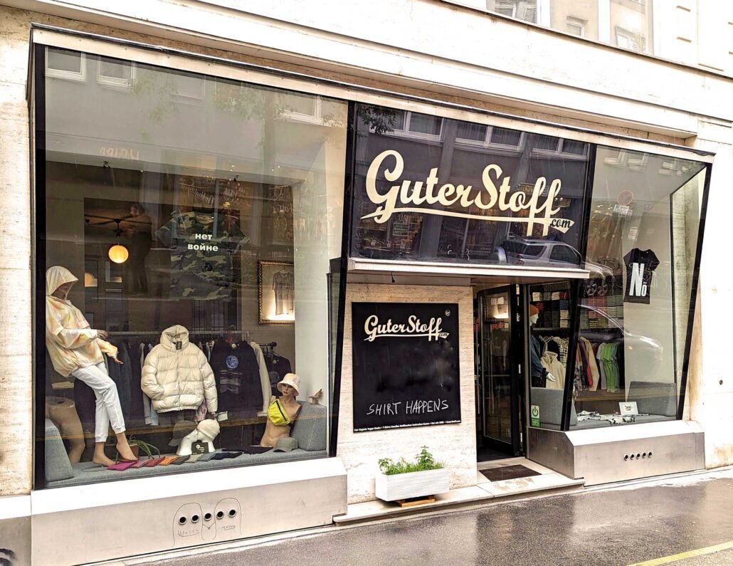 Guter Stoff fair organic vegan basics garment print shop photo of the Showroom in Vienna, Lindengasse 28