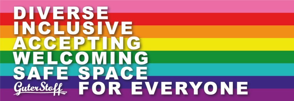 Rainbow Flag mit Text Diverse, Inclusive, Accepting, Welcoming, Safe Space, For Everyone