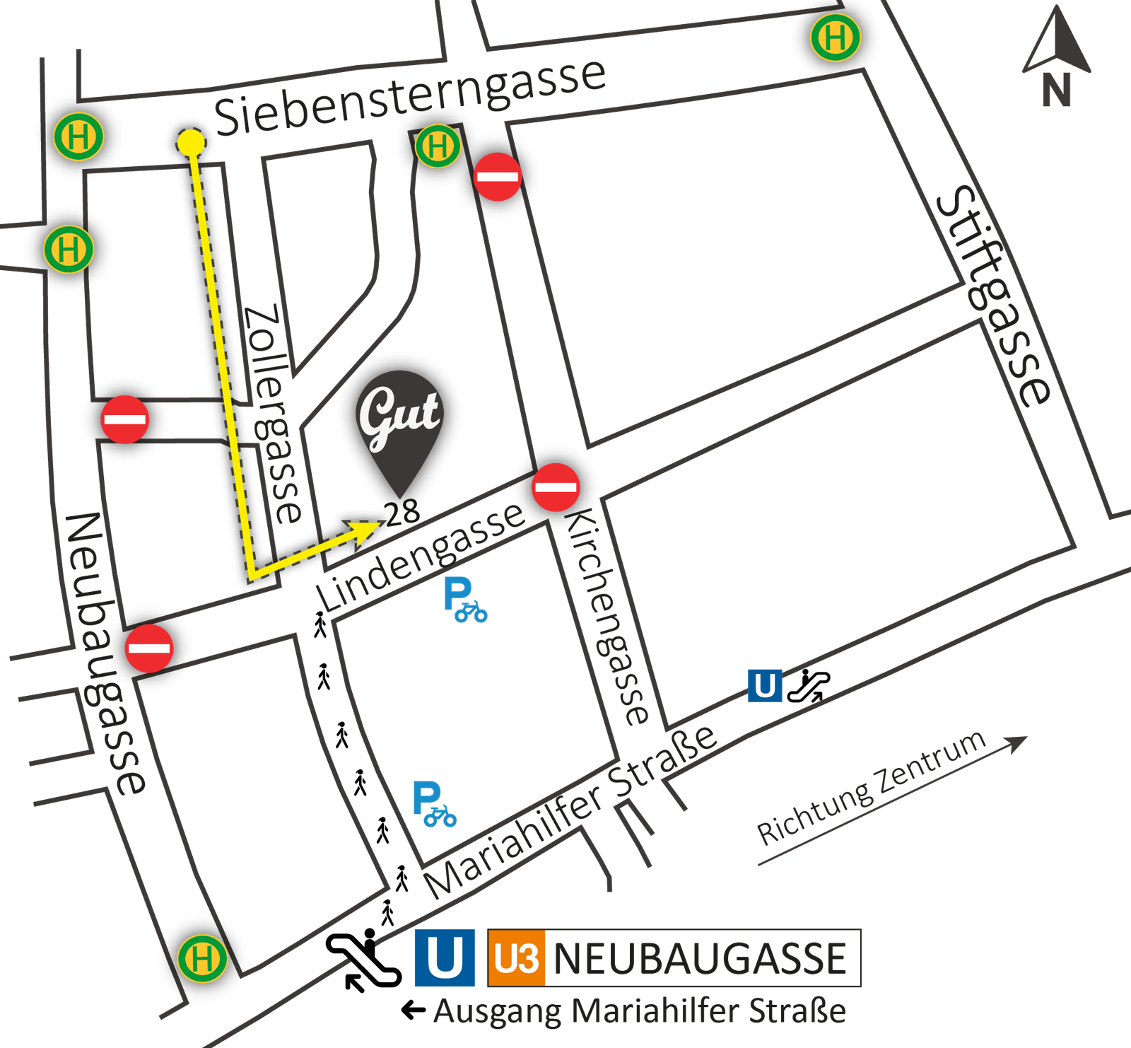 Anfahrtsplan Skizze zum Guter Stoff Geschäft in 1070 Wien, Lindengasse 28, Österreich
